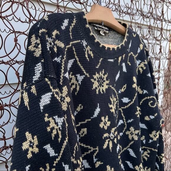 Vintage 90s Dana Scott black gold metallic knit floral vine sweater LARGE - Picture 2 of 5